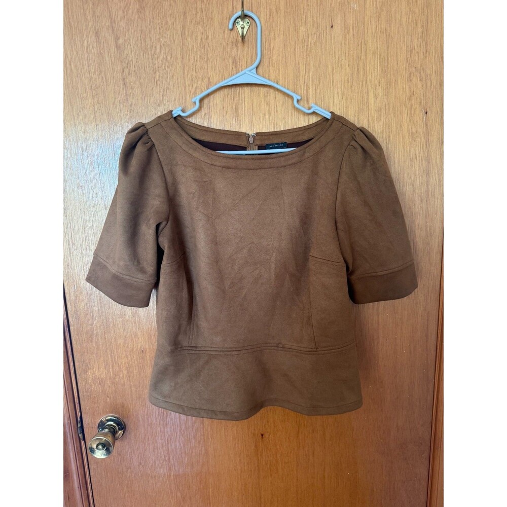 Ann Taylor Womens M Brown Faux Suede Peplum Top Puff Sleeve Scoop Neck